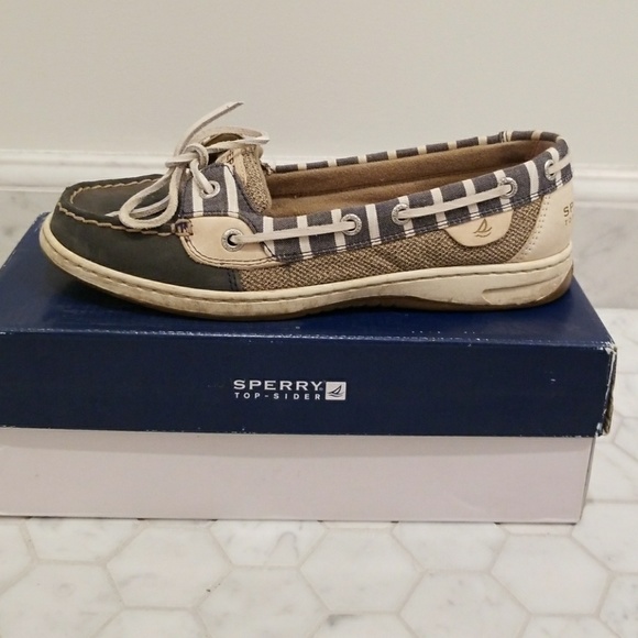 blue and white striped sperrys